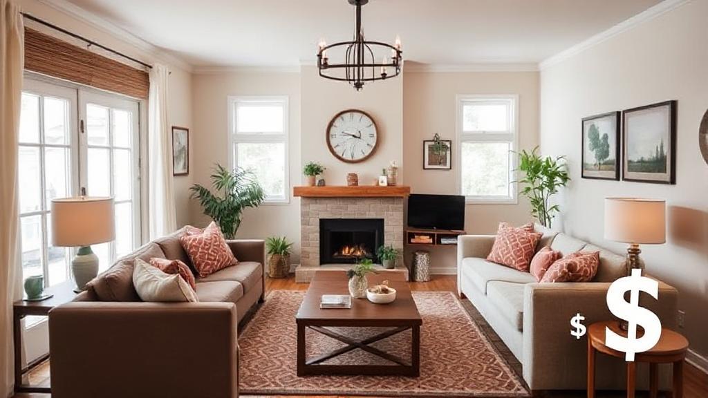 A welcoming image of a cozy, well-decorated living room in an Airbnb rental, with a subtle overlay of dollar signs to symbolize service fees and charges.