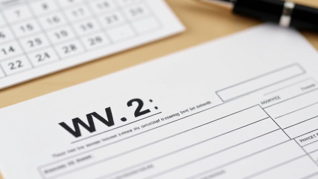 A close-up image of a W-2 form partially filled out, with a calendar and a pen in the background, symbolizing tax preparation.