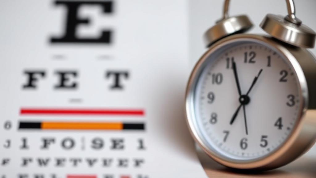 A close-up of an eye chart with a clock in the background, symbolizing the time involved in a comprehensive eye exam.