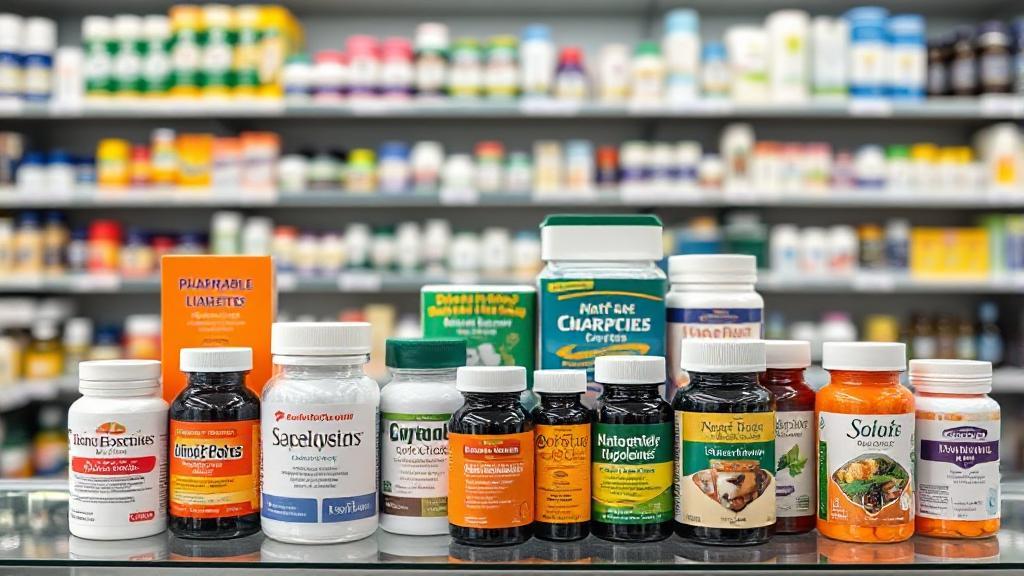 A diverse array of affordable diabetes medications and natural supplements displayed against a backdrop of a pharmacy shelf.