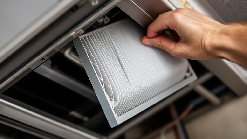 A close-up image of a clean air filter being installed into a modern HVAC system, highlighting the importance of regular maintenance for optimal performance.