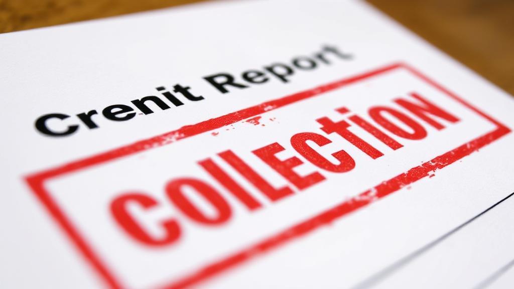 A close-up of a credit report document with a red "Collection" stamp prominently displayed.