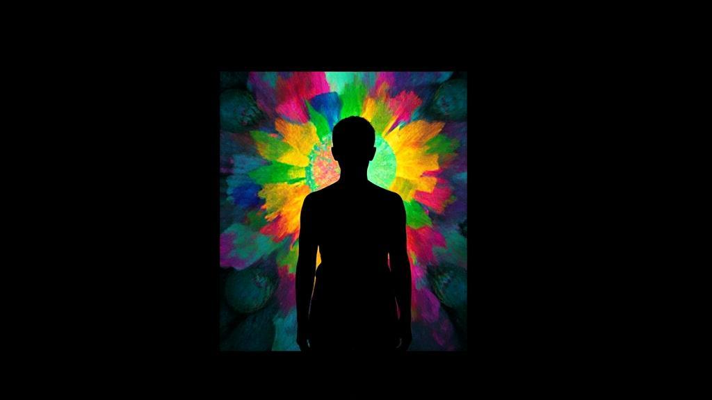 A silhouette of a person standing in front of a mirror, with a vibrant, abstract reflection symbolizing diverse aspects of self-identity.