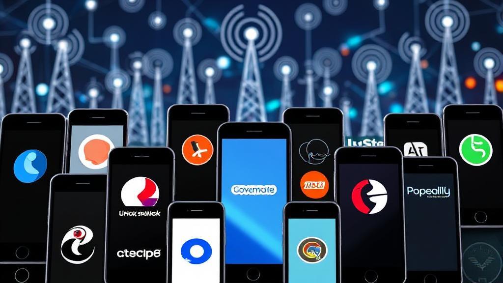 A diverse array of smartphones displaying various carrier logos against a backdrop of interconnected network signals.