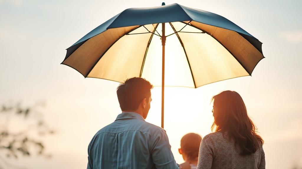 A serene family scene under a protective umbrella, symbolizing security and peace of mind provided by life insurance.
