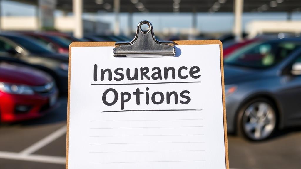A header image depicting a used car dealership lot with a focus on a car and a clipboard labeled "Insurance Options."