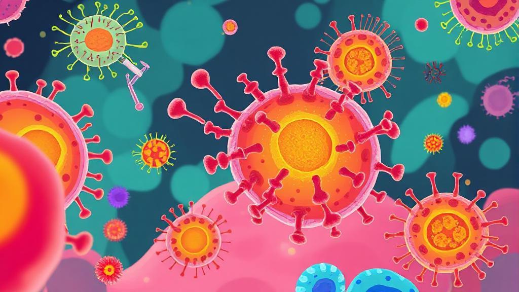 A vibrant illustration of B cells in action, showcasing their role in the immune system with colorful antibodies and pathogens.