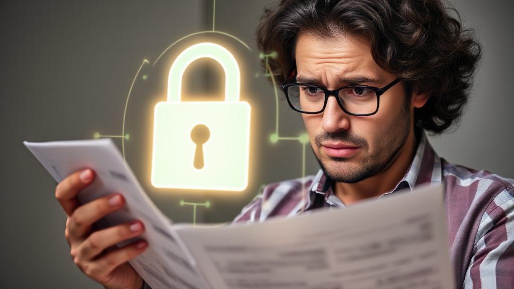 A concerned individual examining financial documents with a digital lock icon overlay, symbolizing identity theft protection.