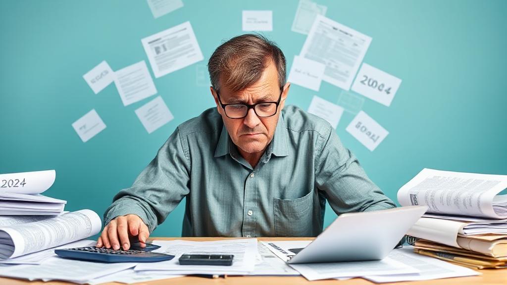 A frustrated taxpayer surrounded by forms and a calculator, symbolizing the complexities of tax obligations in 2024.