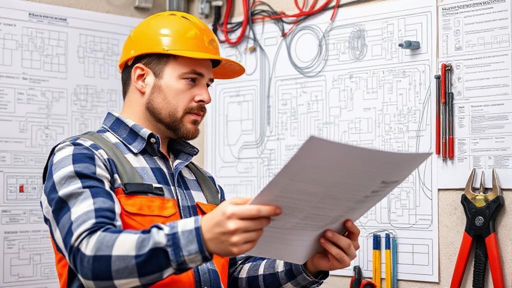 A journeyman electrician examining a complex wiring diagram with tools and safety gear in the background.