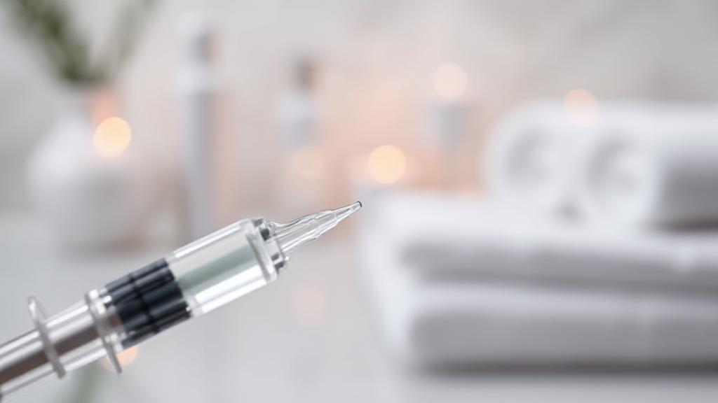 A close-up of a syringe with a clear liquid, set against a background of a serene spa setting, symbolizing precision and care in Botox treatments.