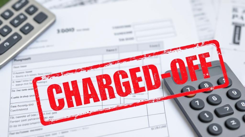 A distressed credit report with a red "Charged-Off" stamp overlayed on a background of financial documents and a calculator.