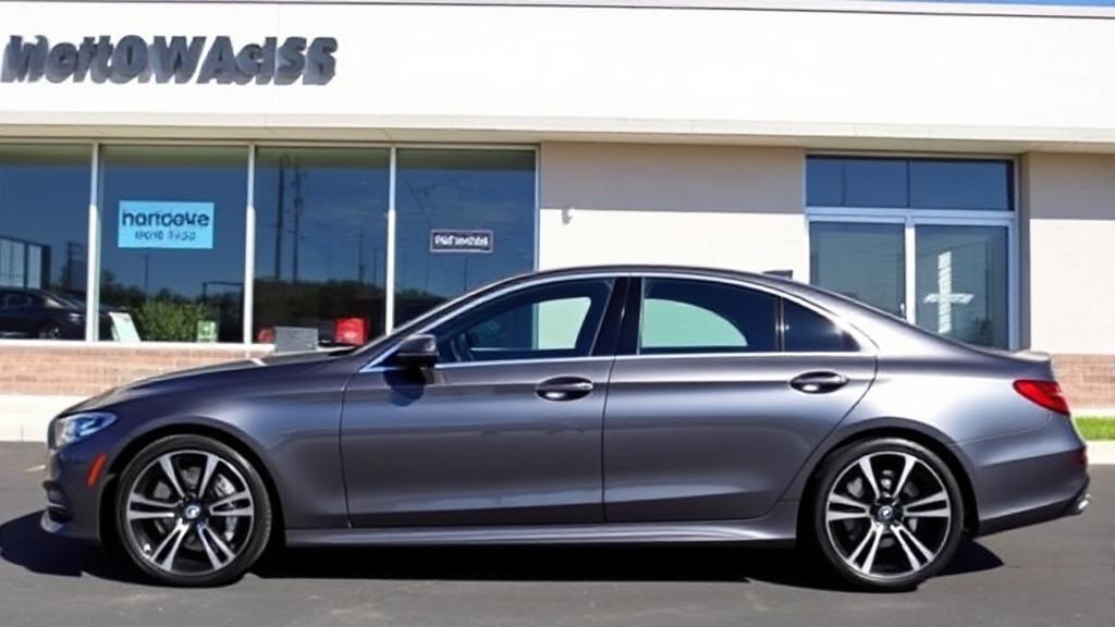 A sleek car parked in front of a dealership with a "For Sale" sign in the window, under a clear blue sky.