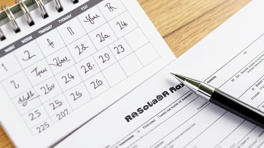 A calendar marked with tax-related deadlines and a pen resting on a tax form.