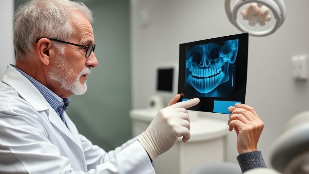 A thoughtful older adult consults with a dentist, examining an X-ray of their teeth in a modern dental office.