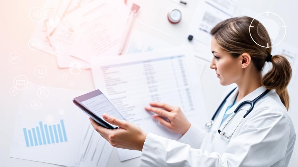 A header image featuring a medical professional reviewing a digital chart with coding symbols and billing documents in the background.