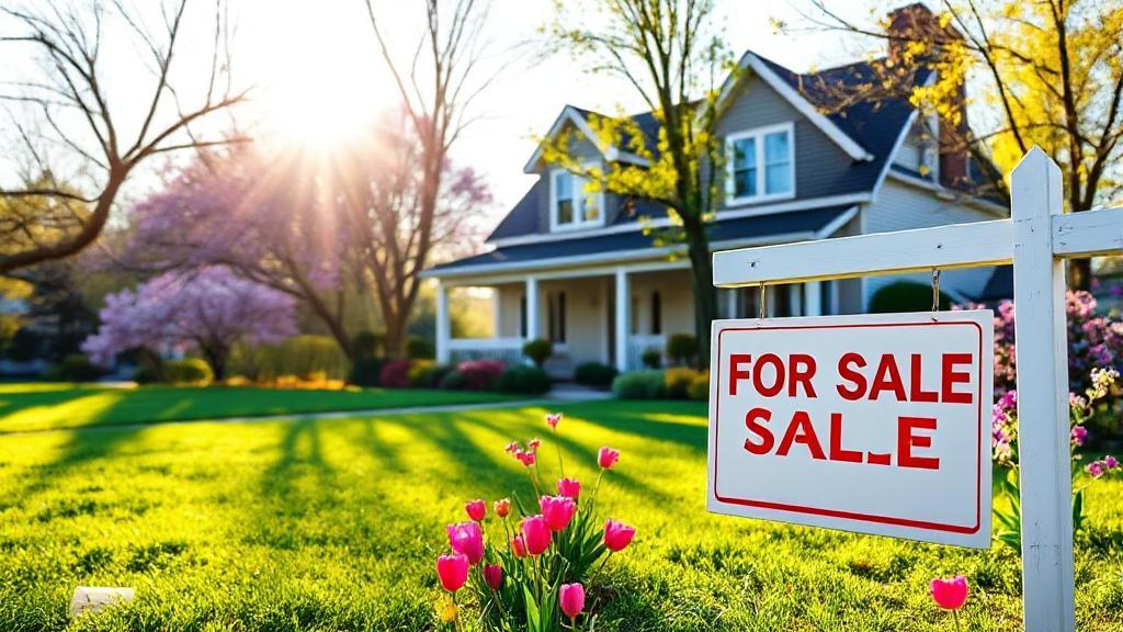 A vibrant spring landscape with a "For Sale" sign in front of a charming, sunlit house, symbolizing the ideal season for selling homes.