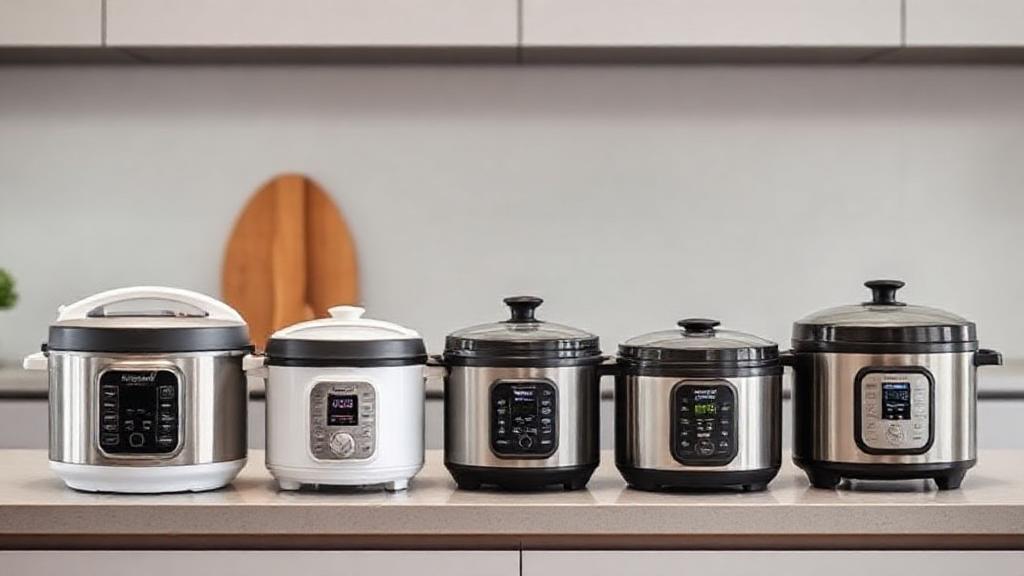 A sleek lineup of modern rice cookers in various sizes and styles displayed on a contemporary kitchen countertop.