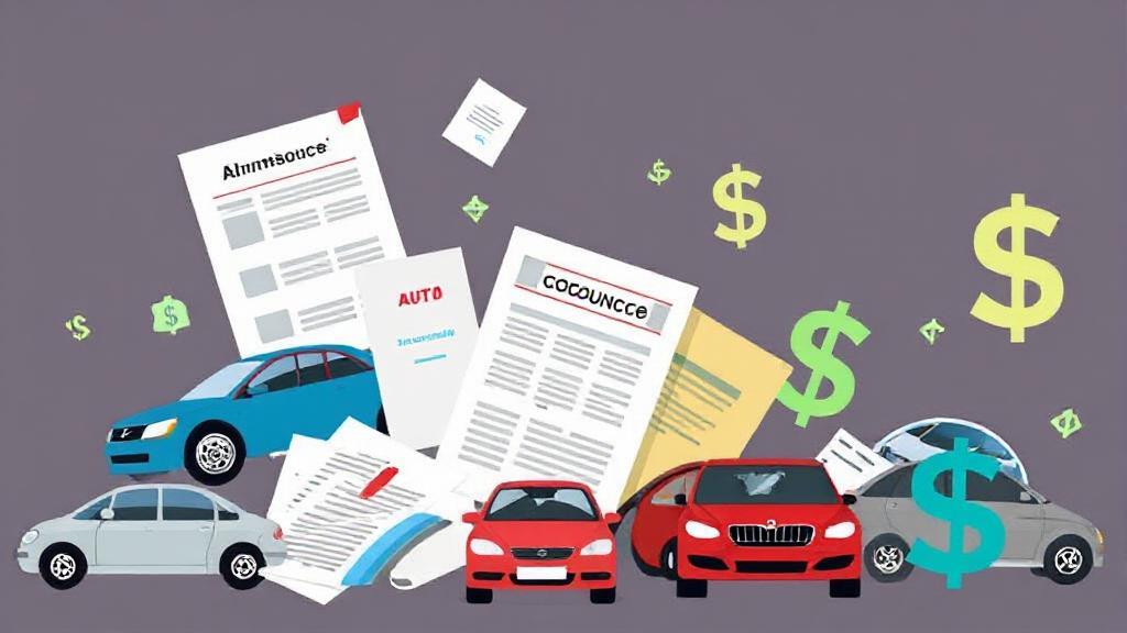 A dynamic collage of cars, insurance documents, and dollar signs symbolizing the various elements affecting auto insurance premiums.