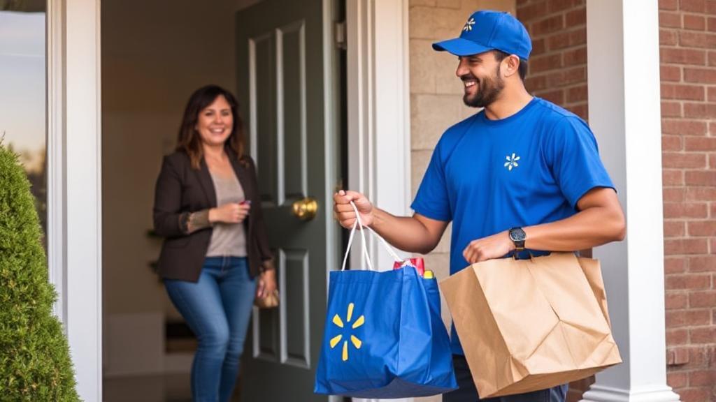 A Walmart delivery driver handing a grocery bag to a smiling customer at their doorstep.