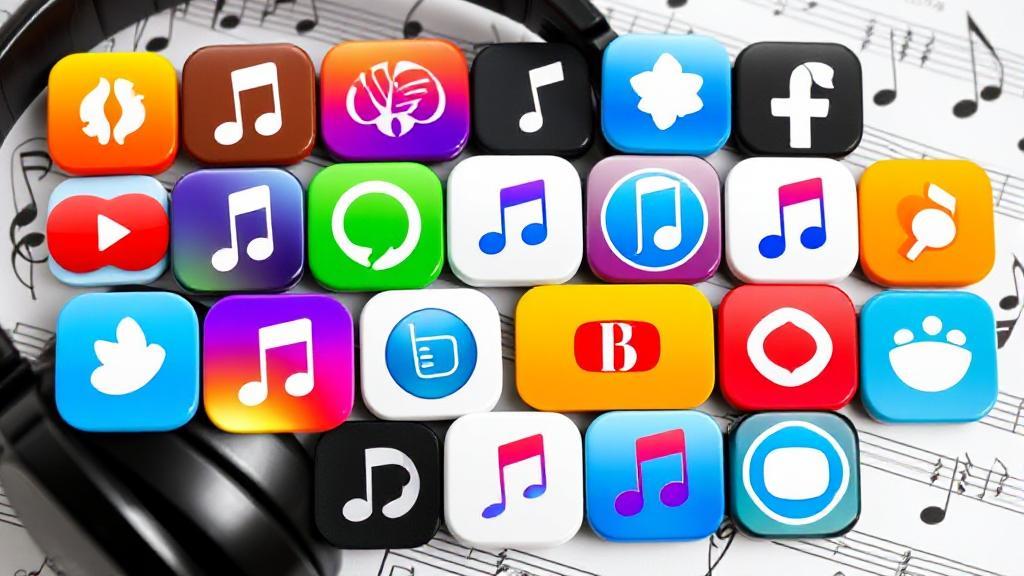 A vibrant collage of various music app icons set against a backdrop of musical notes and headphones.