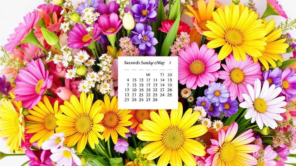 A vibrant bouquet of spring flowers with a calendar marked on the second Sunday of May.