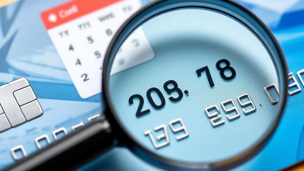 A close-up image of a credit card with a calendar and a magnifying glass highlighting a specific date.