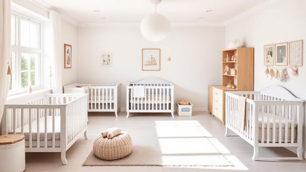 A bright, modern nursery featuring a selection of stylish cribs, soft lighting, and cozy baby accessories.