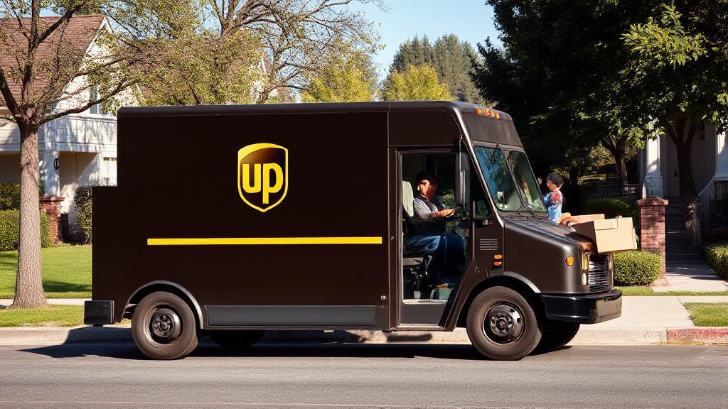 A UPS delivery truck parked on a residential street, with a driver carrying packages to a doorstep on a sunny Saturday morning.