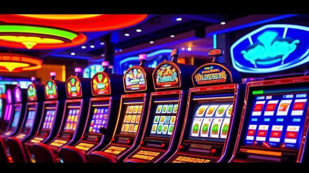 A vibrant casino scene featuring a row of colorful slot machines with spinning reels and flashing lights.