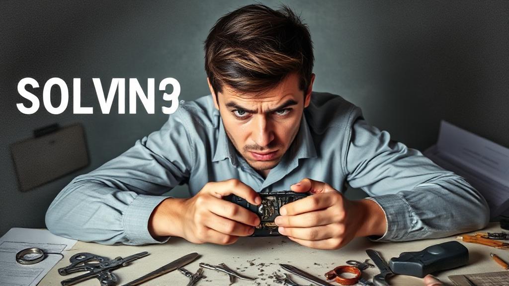 A frustrated person examining a broken gadget with tools scattered around, symbolizing the quest for a solution.
