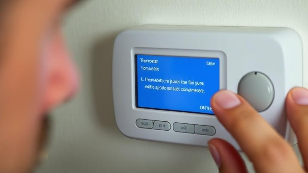 A close-up image of a digital thermostat displaying an error message with a concerned homeowner examining it.
