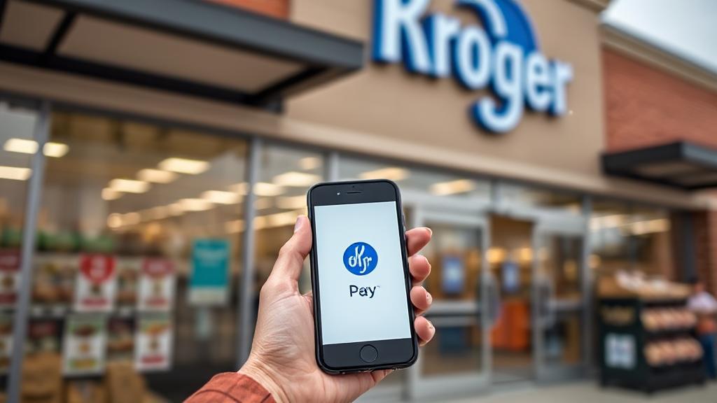 A shopper holding an iPhone with the Apple Pay logo visible, standing in front of a Kroger store entrance.