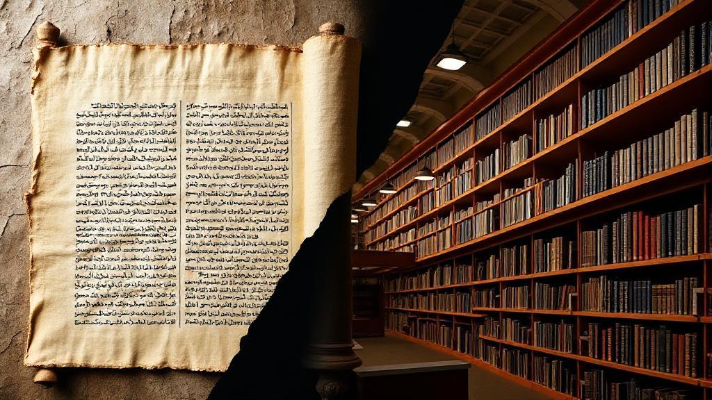 A split image depicting an ancient scroll on one side and a modern academic library on the other, symbolizing the traditional and scholarly perspectives on the Torah's authorship.