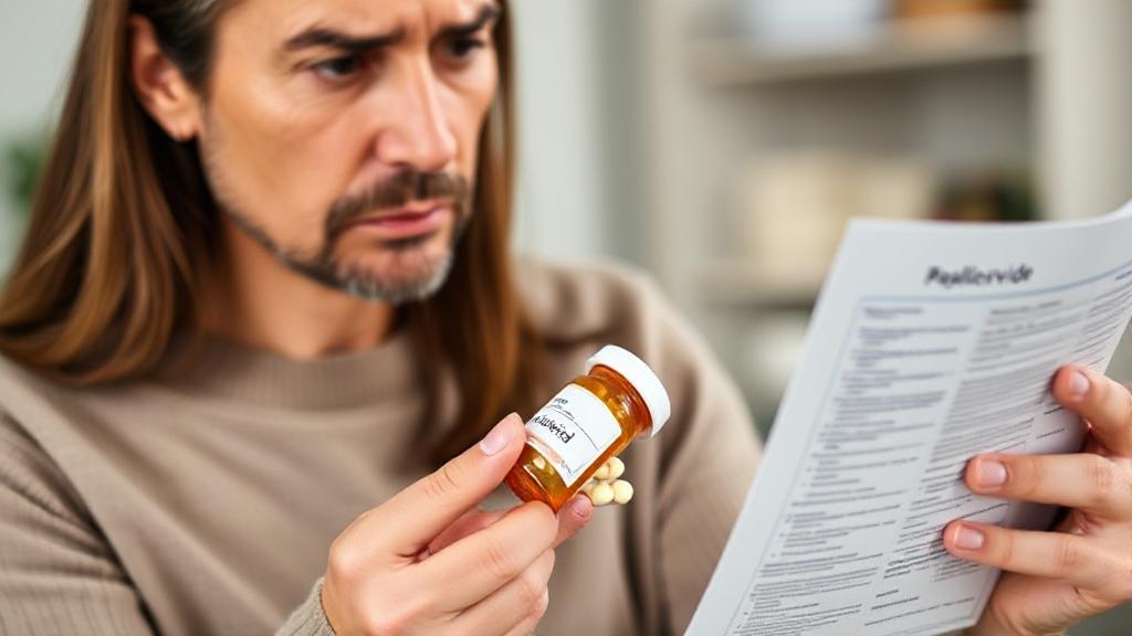 A concerned patient holding a pill bottle, contemplating while reading a medication guide, with "Paxlovid" visible on the label.