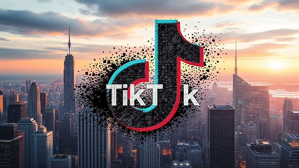A digital collage depicting a TikTok logo dissolving into pixels against a backdrop of a futuristic cityscape.