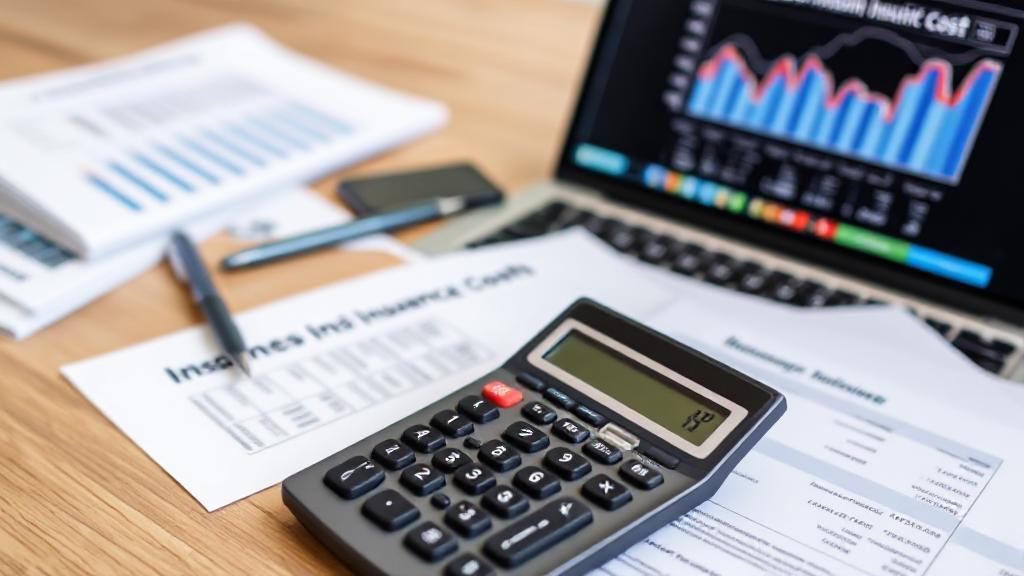 A professional workspace with a calculator, insurance documents, and a laptop displaying financial graphs, symbolizing the analysis of business insurance costs.