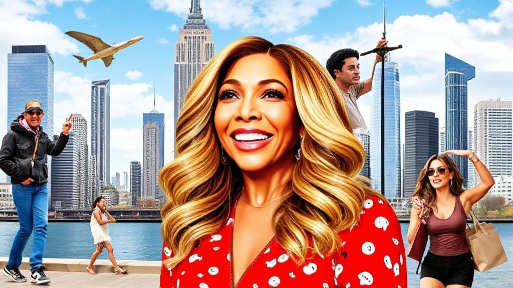 A vibrant collage of Wendy Williams engaging in various activities, set against a backdrop of iconic cityscapes, symbolizing her dynamic lifestyle and current endeavors.