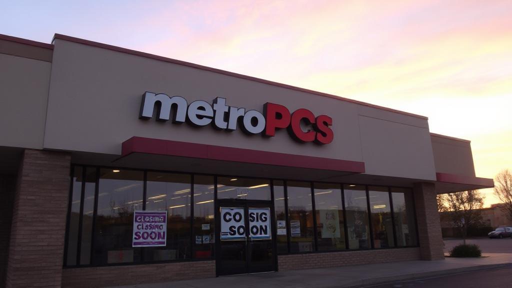 A MetroPCS storefront with a "Closing Soon" sign displayed prominently on the door during sunset.