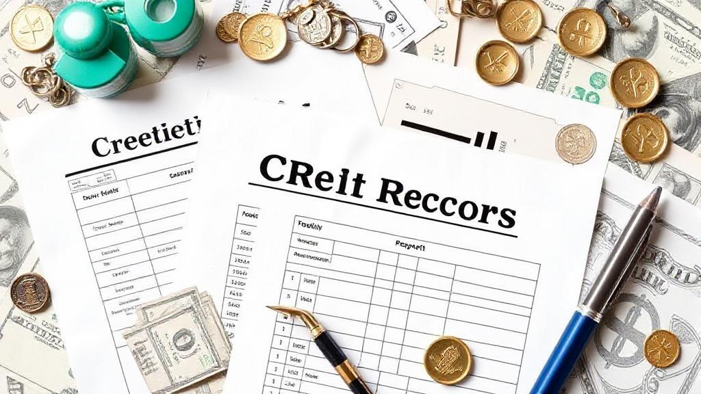 A collage of credit report documents and financial symbols, highlighting the importance of credit scores in lending decisions.