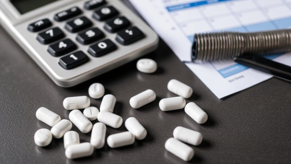 A close-up image of Farxiga pills scattered on a table next to a calculator and a monthly budget planner.