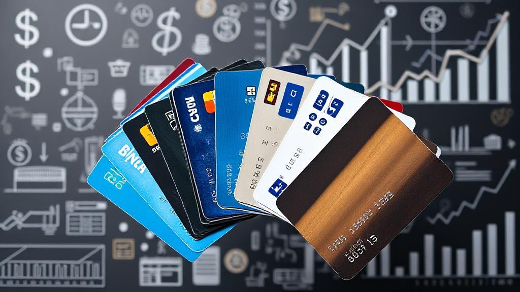 A diverse array of credit cards fan out against a backdrop of financial symbols and graphs, illustrating the decision-making process.