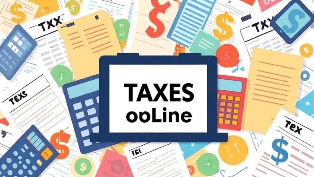 A vibrant collage of digital tax forms, calculators, and currency symbols, symbolizing the ease and accessibility of filing taxes for free online.