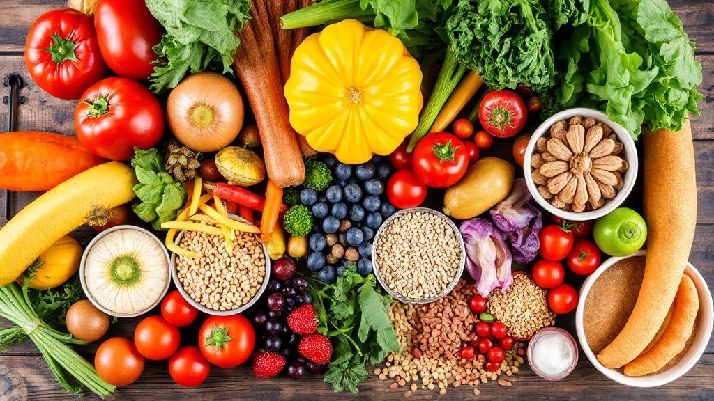 A vibrant assortment of fresh fruits, vegetables, and whole grains arranged on a rustic table, symbolizing gut-friendly foods that help reduce inflammation.