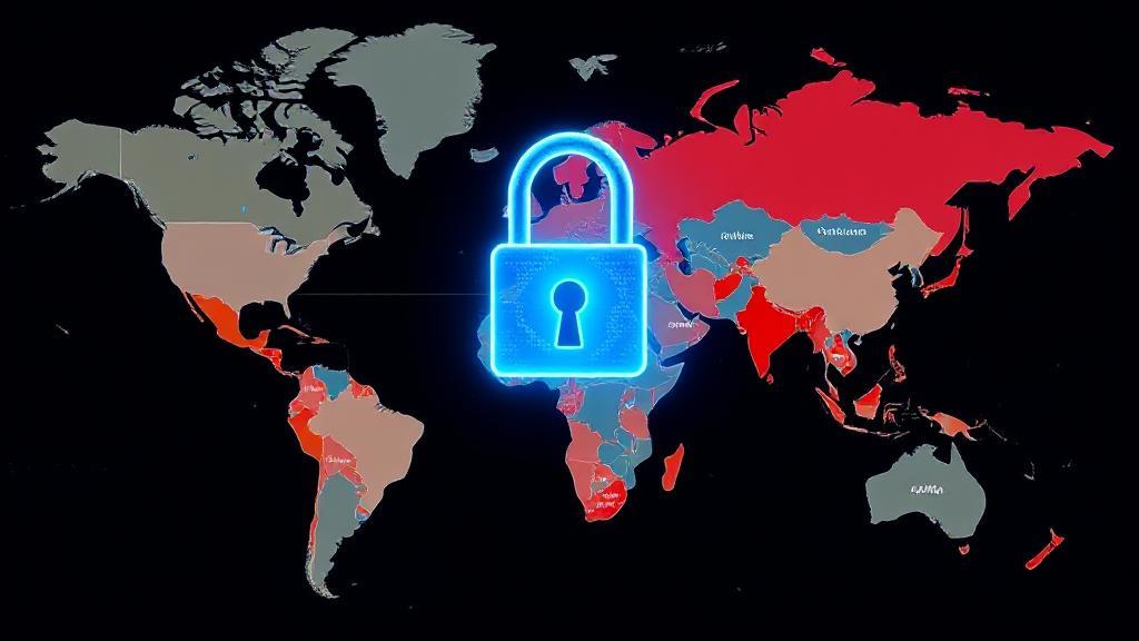 A world map with highlighted countries, overlaid with a digital padlock symbol, representing global VPN legality.