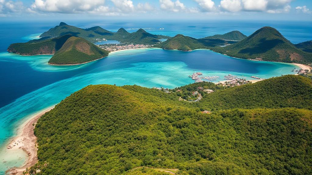 A vibrant aerial view of Saint Vincent's lush landscapes and turquoise waters, capturing the island's tropical allure.