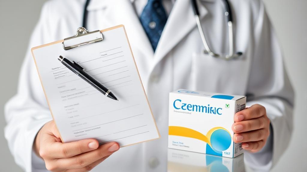 A doctor holding a prescription pad with a pen, alongside a box of Ozempic medication, set against a neutral background.