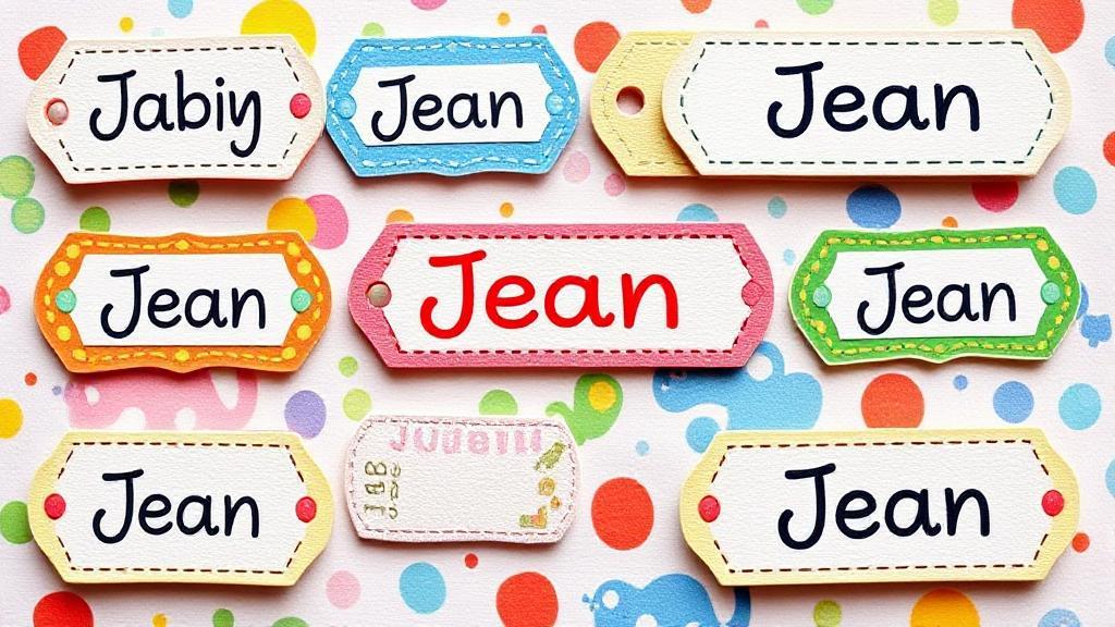 A vibrant collage of baby name tags with "Jean" prominently featured, set against a backdrop of playful, colorful patterns.