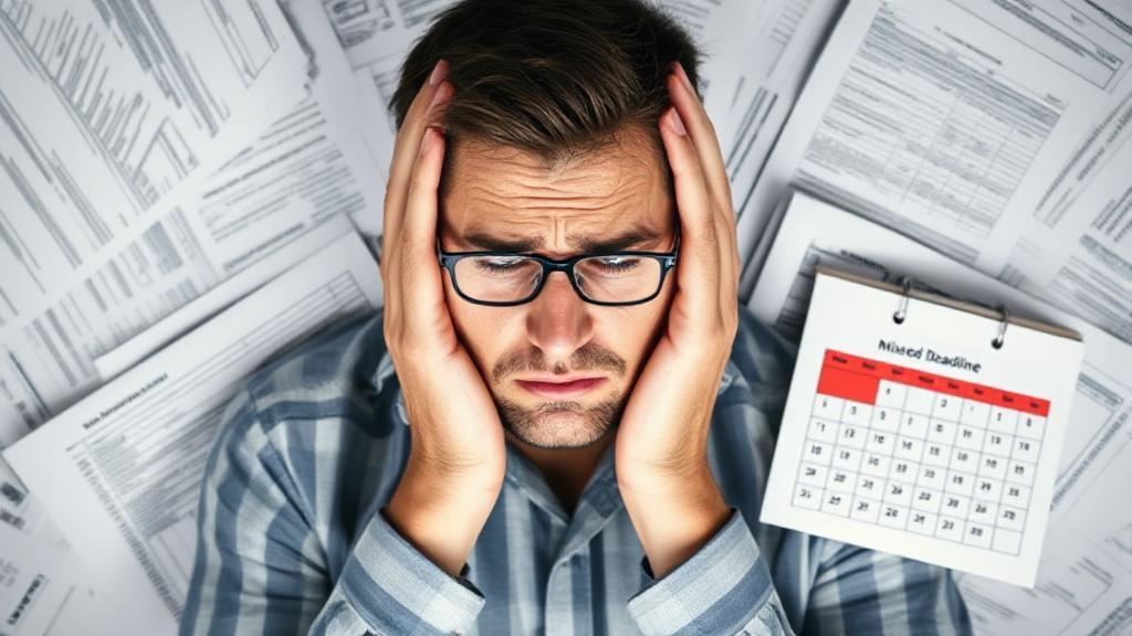 A stressed individual surrounded by tax documents and a calendar marked with a missed deadline.