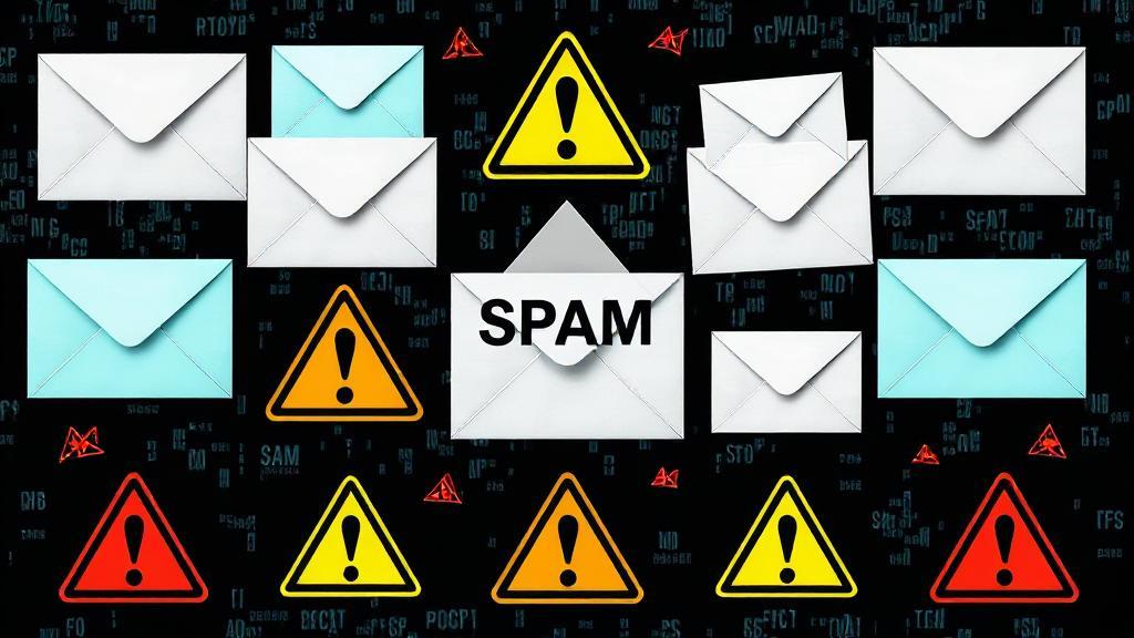 A collage of digital envelopes and warning symbols illustrating the concept of spam in electronic communication.